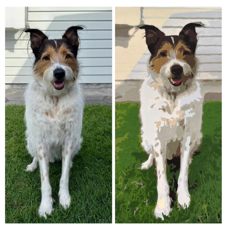 Comparison of a dog photo on the left and a painted version on the right, with text 'Paint Plot Custom' and 'Create Your Own'.