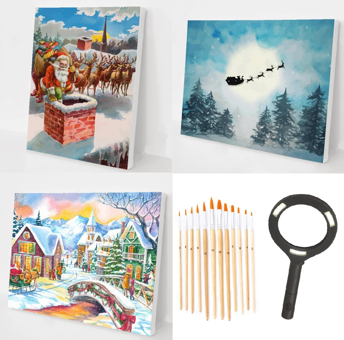 Christmas Painting Bundle 2021 (3 Paintings + 12 pcs brush set + Magnifying Glass)